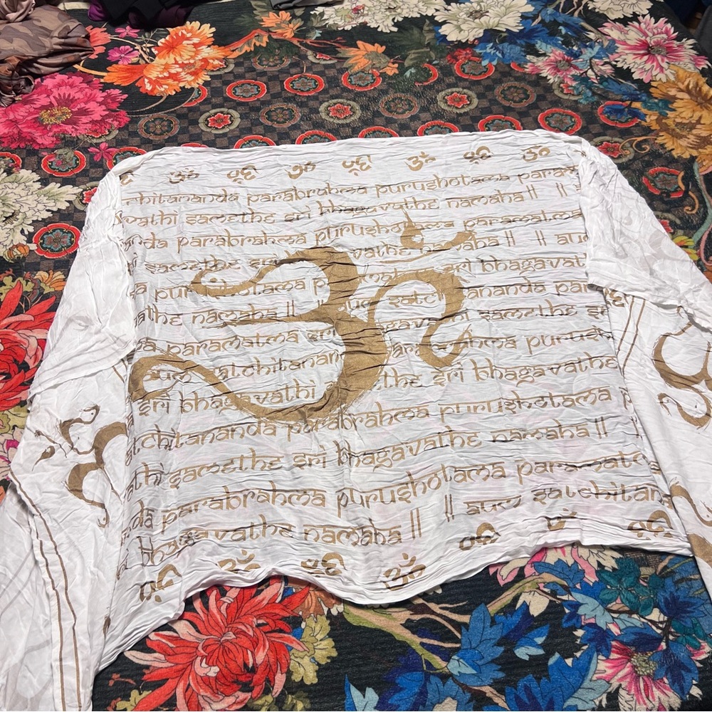 White and Gold Om Print Lightweight Scarf Wrap